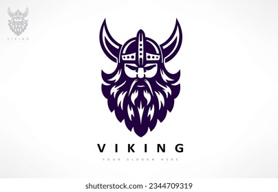 Viking and anchor logo. Scandinavian sailors symbol. Nordic warrior design. Horned Norseman symbol. Barbarian man head icon with horn helmet and beard.