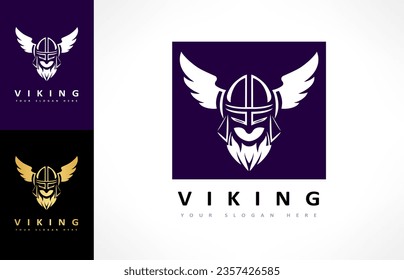 Viking and anchor logo. Scandinavian sailors symbol. Nordic warrior design. Horned Norseman symbol. Barbarian man head icon with horn helmet and beard.