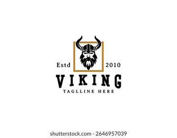 Logotipo da Viking e âncora. Símbolo dos marinheiros escandinavos. Design guerreiro nórdico. Símbolo de Norseman com chifres. Ícone de cabeça de homem bárbaro com capacete de chifre e barba.