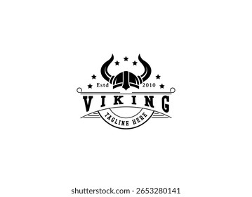 Viking and anchor logo. Scandinavian sailors symbol. Nordic warrior design. Horned Norseman symbol. Barbarian man head icon with horn helmet and beard.