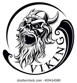 Viking, Ancient Warrior, Skull With A Beard And A Helmet With Horns, Open Mouth, Vector Illustration