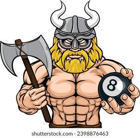 A viking angry mean pool billiards mascot cartoon character holding a black 8 ball.


