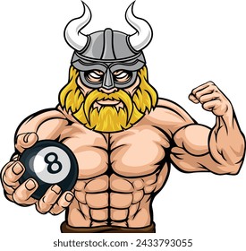 A viking angry mean pool billiards mascot cartoon character holding a black 8 ball.


