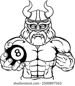 A viking angry mean pool billiards mascot cartoon character holding a black 8 ball.


