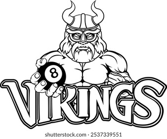 Um viking irritado bilhar piscina mascote personagem de desenho animado segurando uma bola 8 preta.


