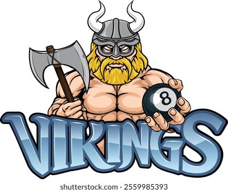 A viking angry mean pool billiards mascot cartoon character holding a black 8 ball.


