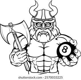 A viking angry mean pool billiards mascot cartoon character holding a black 8 ball.


