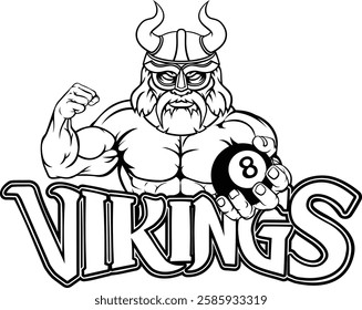 A viking angry mean pool billiards mascot cartoon character holding a black 8 ball.


