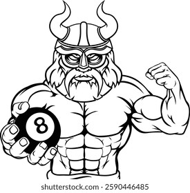 A viking angry mean pool billiards mascot cartoon character holding a black 8 ball.


