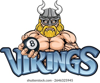 Um viking irritado bilhar piscina mascote personagem de desenho animado segurando uma bola 8 preta.


