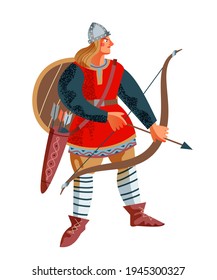 Viking archer with bow and arrow. Medieval Norway people and mythology vector illustration. Young angry man standing and fighting by shooting arrows isolated on white background.