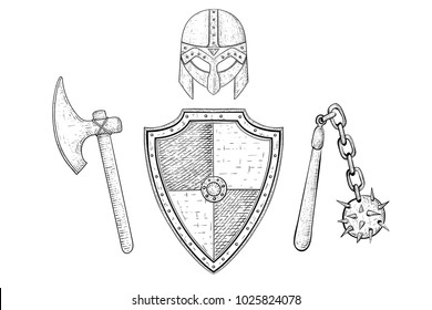 Viking armor set - helmet, shield, flail and axe. Hand drawn sketch. Vector illustration isolated on white background