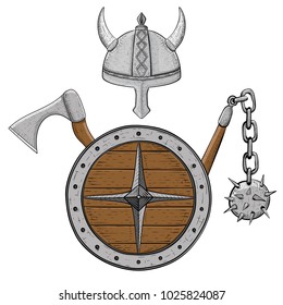 Viking armor set - helmet, shield, flail and axe. Colored hand drawn sketch. Vector illustration isolated on white background