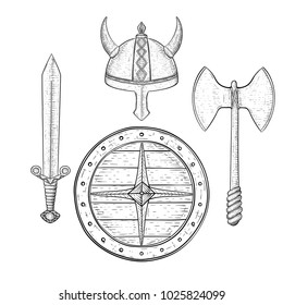 Viking armor set - helmet, shield, sword and axe. Hand drawn sketch. Vector illustration isolated on white background