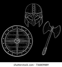 Viking armor set - helmet, shield and axe. Hand drawn sketch. Vector illustration on black background