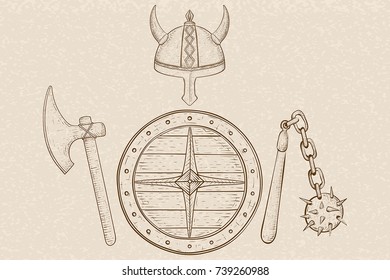 Viking armor set - helmet, shield and axe. Hand drawn sketch. Vector illustration on black background