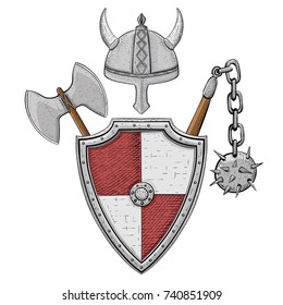 Viking armor set - helmet, shield, flail and axe. Colored hand drawn sketch. Vector illustration isolated on white background