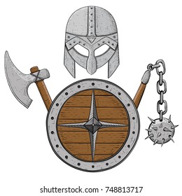 Viking armor set - helmet, shield and axe and flail. Colored hand drawn sketch. Vector illustration isolated on white background