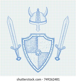 Viking armor set - helmet, shield and swords. Hand drawn sketch on lined paper background. Vector illustration