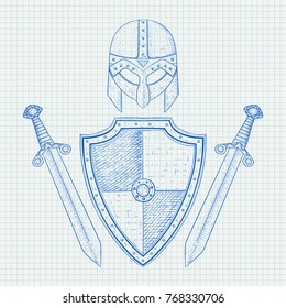 Viking armor set - helmet, shield and swords. Hand drawn sketch on lined paper background. Vector illustration