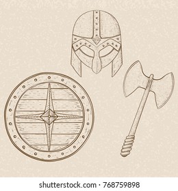 Viking armor set - helmet, shield and axe. Hand drawn sketch on beige background. Vector illustration