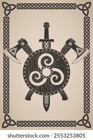 viking arms, shield axe and sword heraldry logo design in ornamental frame