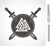 viking arms with valknut symbol shield and swords 