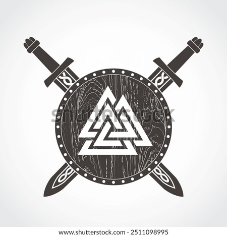 viking arms with valknut symbol shield and swords 