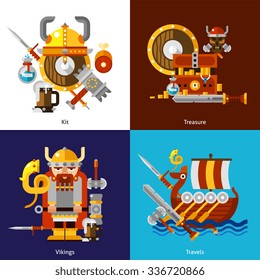 Viking army icons set with kit treasure and travels symbols flat isolated vector illustration 