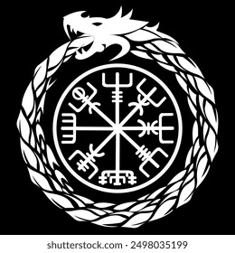 Viking Auroboro. Protection amulet.  Serpent god known as Jörmungandr in Norse mythology. Surrounding the vegvisir symbol.  vector illustration on black background.