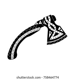 Viking Ax with patterns. Silhouette  axe icon isolated on white background