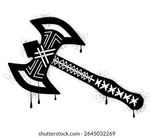Viking axe with black spray paint graffiti