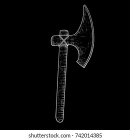 Viking axe. Hand drawn sketch on black background. Vector illustration