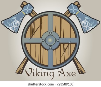 Viking axe of Scandinavian pattern and viking shield, vector illustration