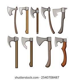 Conjunto de hachas vikingas de dibujos animados. arma de batalla, historia del guerrero, escudo berserker signo de hacha vikinga. símbolo aislado Ilustración vectorial