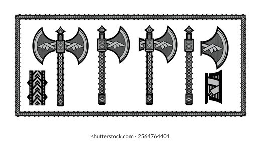 Viking Axe Set with Intricate Knot Patterns and Borders - Vector Illustration