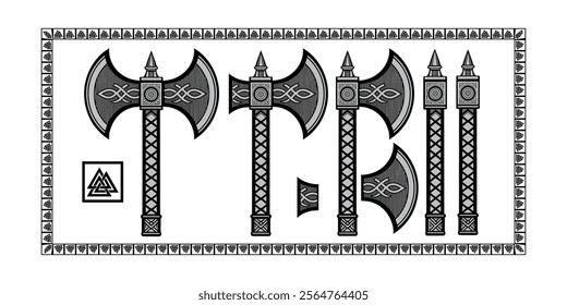 Viking Axe Set with Intricate Knot Patterns and Borders - Vector Illustration