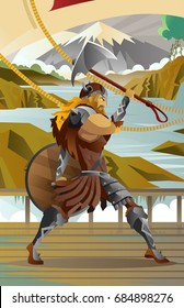 viking with axe in ship in scandinavia mountain
