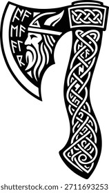 Vector de hacha vikinga con Odín, nudo celta y runas nórdicas. Diseño en blanco y negro atrevido perfecto para tatuajes, pegatinas, prendas de vestir, grabados y temas de mitología nórdica.