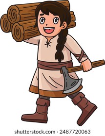 Viking with an Axe and Wood Cartoon Clipart 