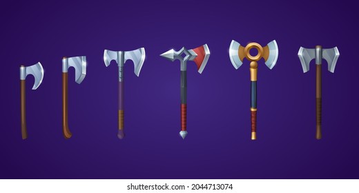 Viking axes for medieval battle or fight. Vector cartoon set of antique heavy weapons with broad metal blade for game interface. Hatchets with wooden handle isolated on background