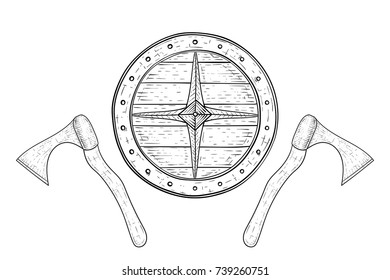 Viking axes and shield. Hand drawn sketch. Vector illustration isolated on white background