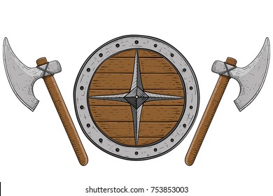Viking axes and shield. Hand drawn colored sketch. Vector illustration isolated on white background