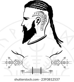 Viking backwith Viking head from the side, runes, signos y símbolos