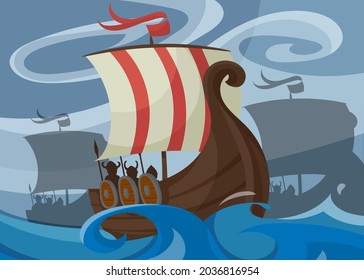 Viking banner with drakkar. Scandinavian placard design in cartoon style.