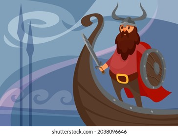 Viking banner with warrior on ship. Scandinavian placard design in cartoon style.