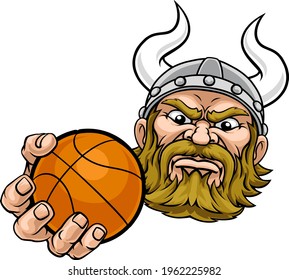 A viking basketball sports mascot cartoon character holding a ball 