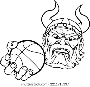 A viking basketball sports mascot cartoon character holding a ball 