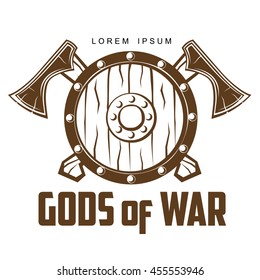 Viking Battle shield with axes, vector illustration of a simple logo isolated on white background. logo Scandinavian wooden combat shield with axes.