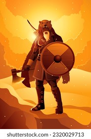 Viking berserker wearing bear skin holding an axe and a shield on snowy hills, vector illustration svg